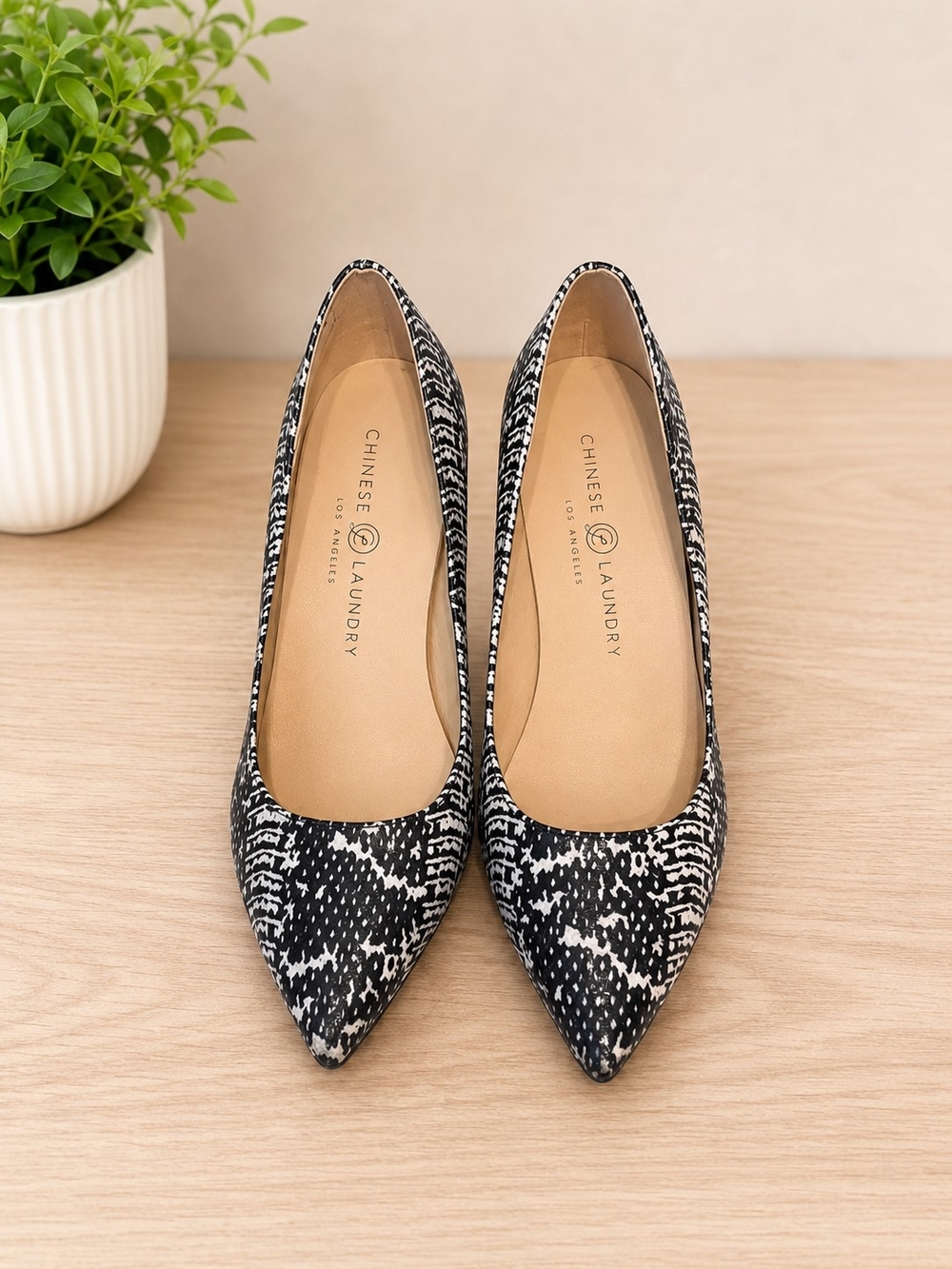 Chinese Laundry Black & White Patterned Pointed Toe Flats